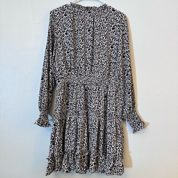 Max Studio Leopard Tie Neck Shirred Cuff Ruffle Hem Dress Multicolor Large - Picture 2 of 3